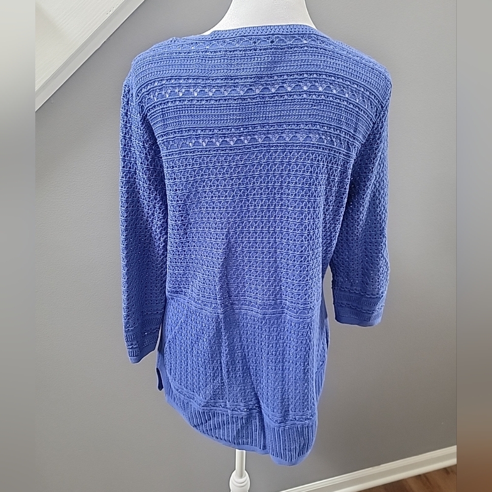 Talbots Sweater Split Neck Open Stitch Blue Cotton Blend Tunic MP - Picture 4 of 6